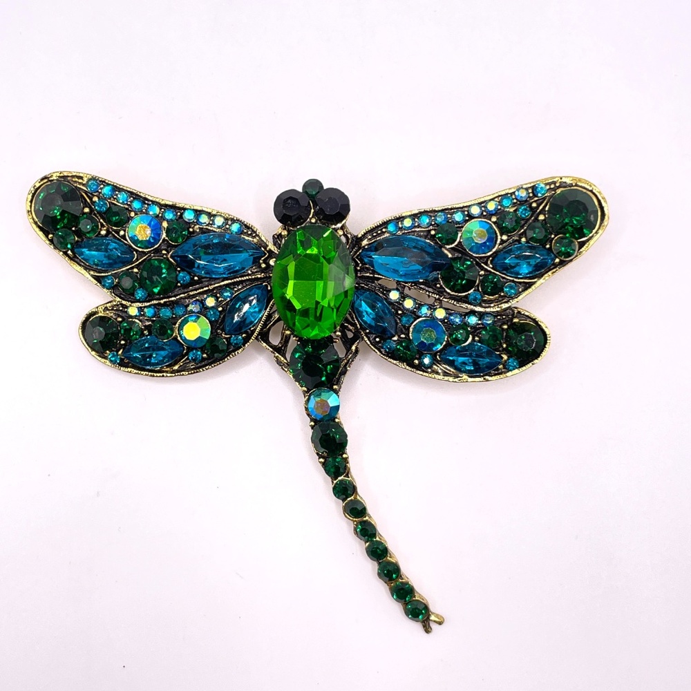 Dragon Fly Large Blue Green Black Rhinestone Pin Brooch